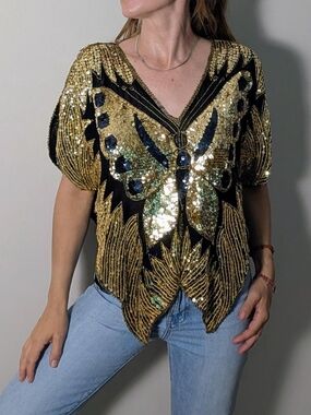 Vintage heavily embellished silk butterfly top